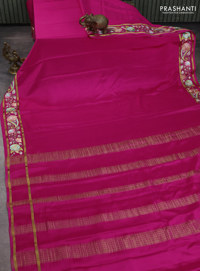 Pure mysore silk saree pink with plain body and embroidered zari border