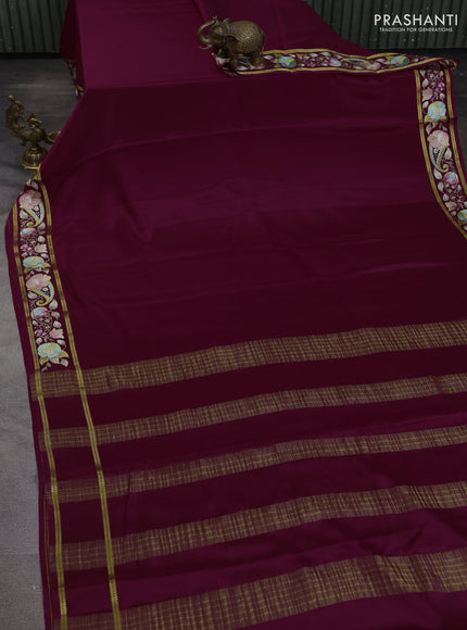 Pure mysore silk saree wine shade with plain body and embroidered zari border