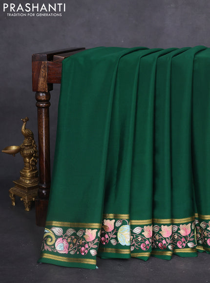 Pure mysore silk saree dark green with plain body and embroidered zari border