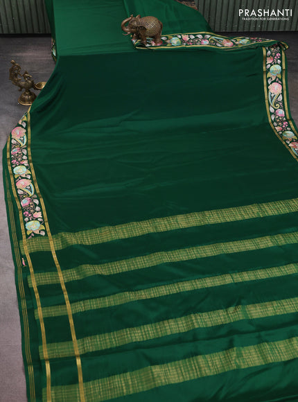 Pure mysore silk saree dark green with plain body and embroidered zari border