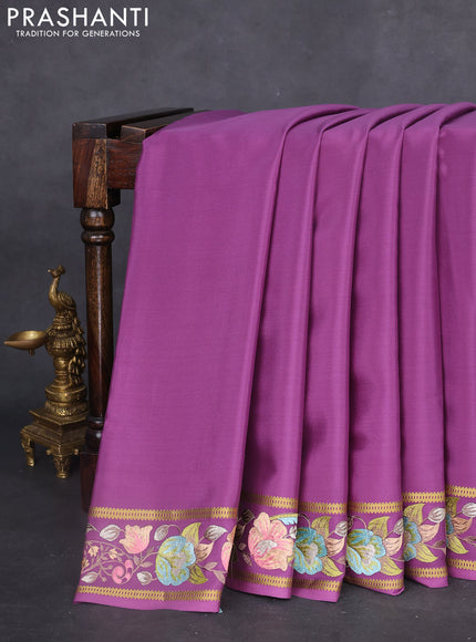 Pure mysore silk saree pastel purple with plain body and embroidered zari border