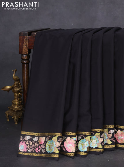 Pure mysore silk saree black with plain body and embroidered zari border
