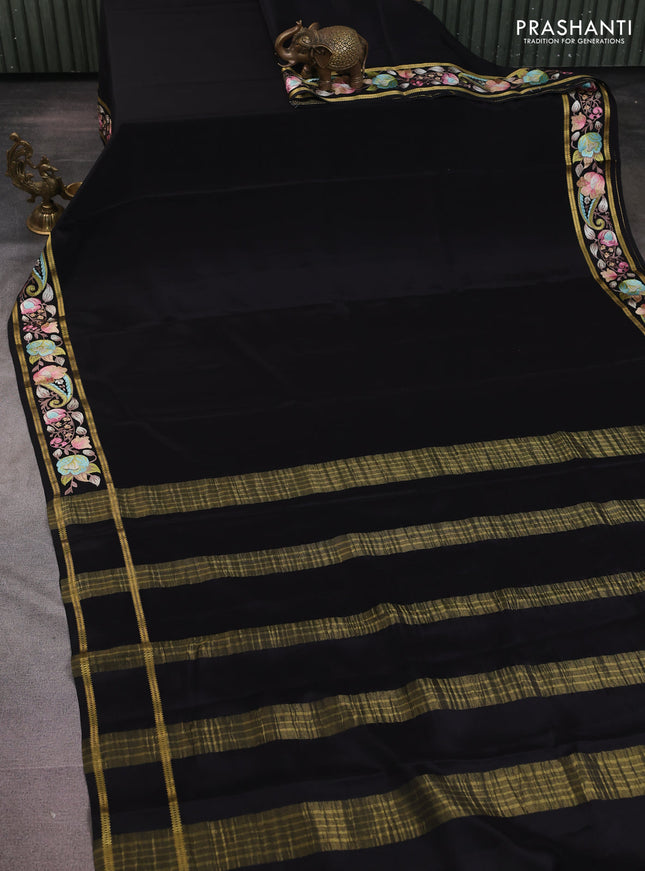 Pure mysore silk saree black with plain body and embroidered zari border