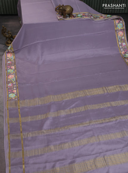 Pure mysore silk saree grey with plain body and embroidered zari border