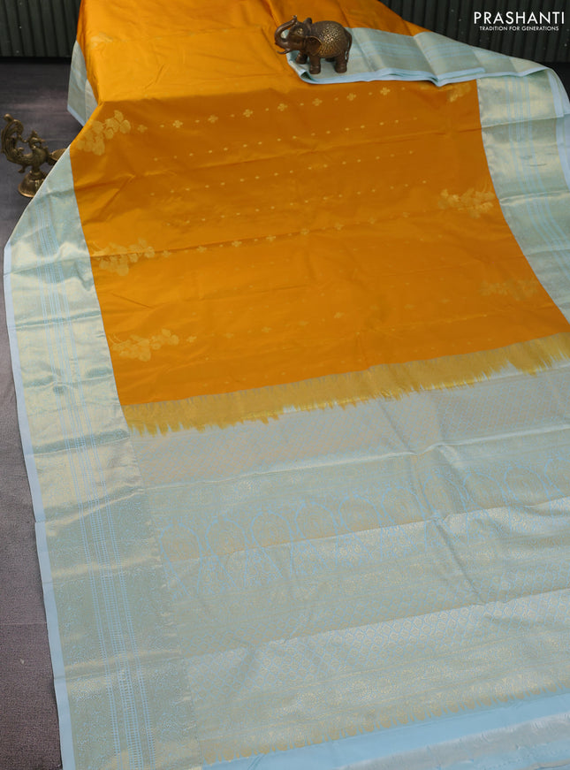 Bangalori silk saree mustard yellow and teal blue with allover zari woven buttas and rich zari woven border