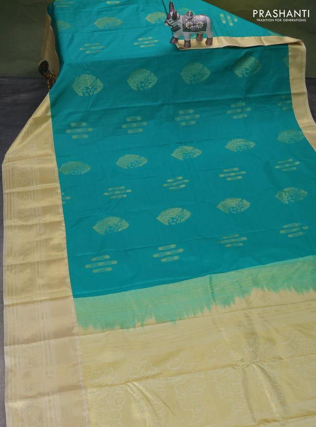 Bangalori silk saree teal green and cream with zari woven buttas and zari woven border