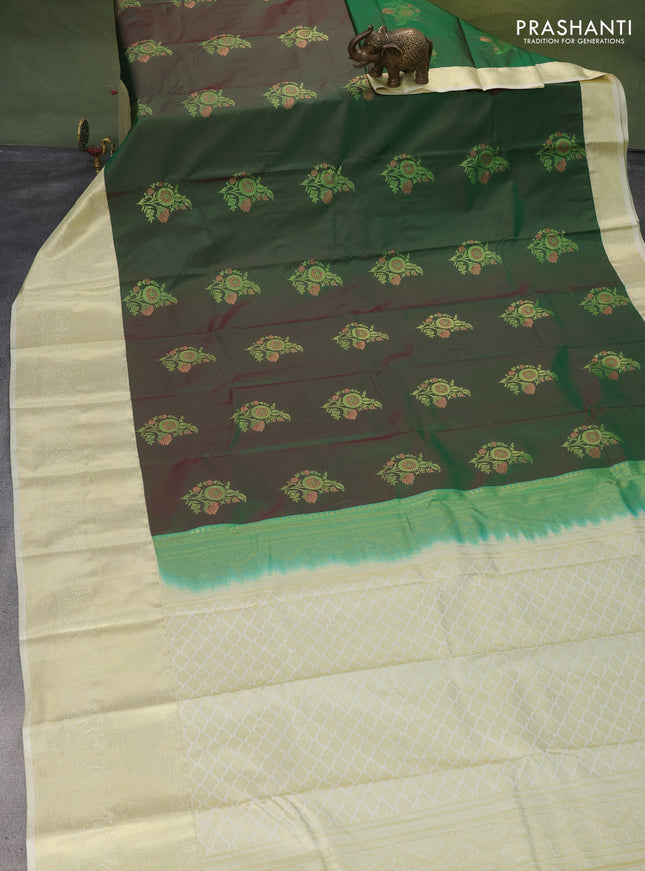 Bangalori silk saree green and cream with zari woven buttas and zari woven border