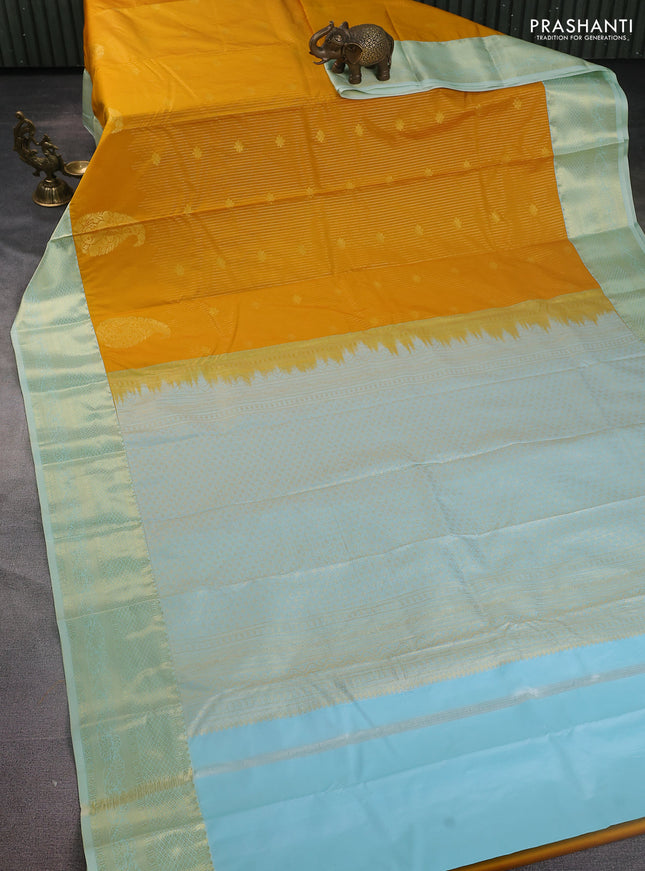 Bangalori silk saree mustard yellow and pastel green with allover zari stripe pattern and zari woven border