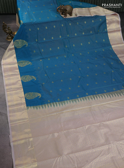 Bangalori silk saree teal green and beige with allover zari stripe pattern and zari woven border