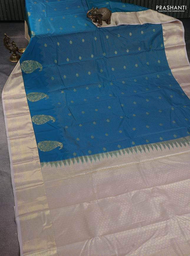 Bangalori silk saree teal green and beige with allover zari stripe pattern and zari woven border