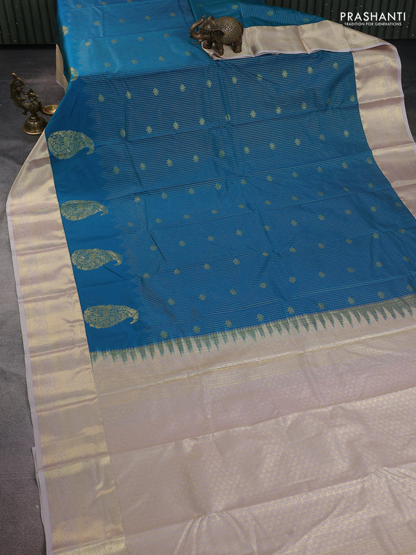 Bangalori silk saree teal green and beige with allover zari stripe pattern and zari woven border