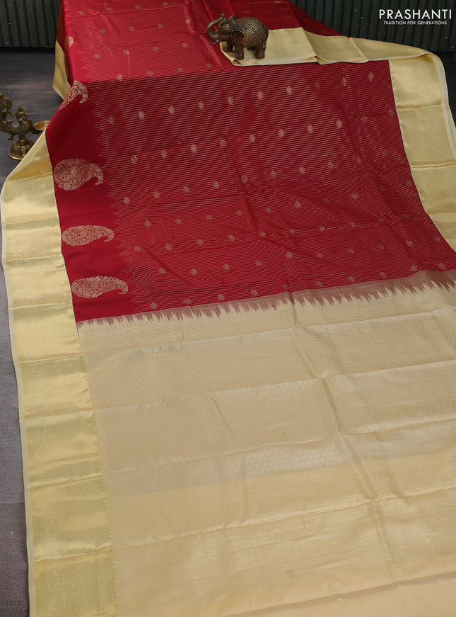 Bangalori silk saree maroon and cream with allover zari stripe pattern and zari woven border
