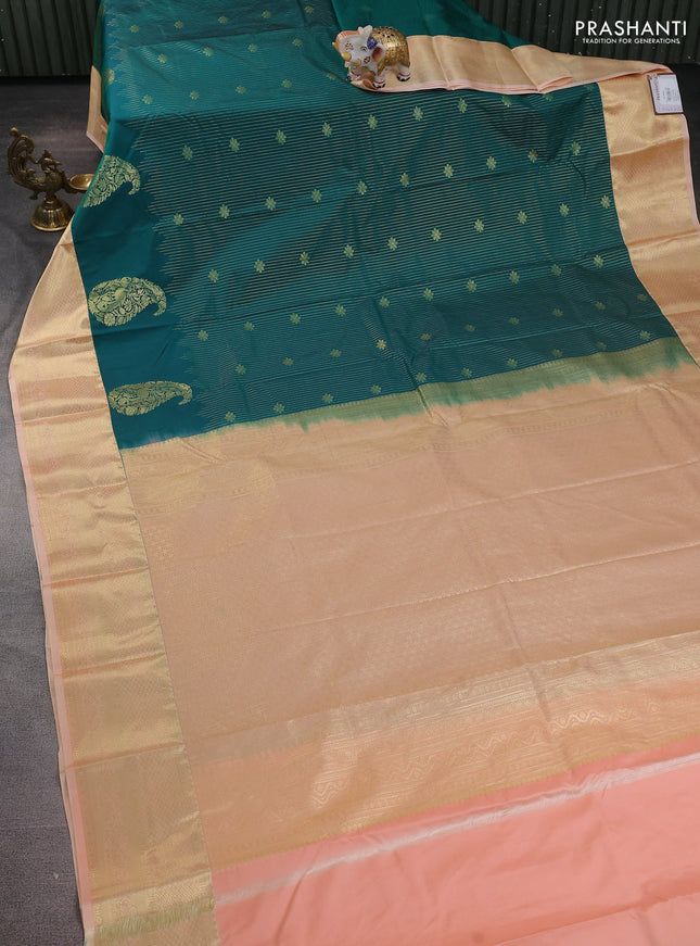 Bangalori silk saree teal green and pale orange with allover zari stripe pattern and zari woven border