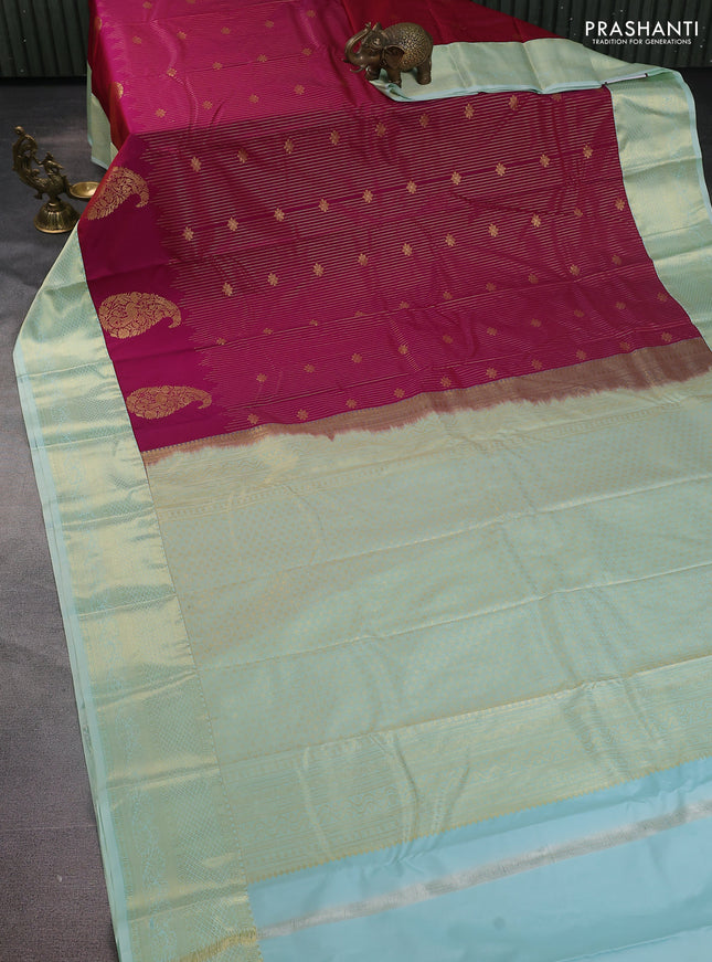 Bangalori silk saree magenta pink and pastel green with allover zari stripe pattern and zari woven border