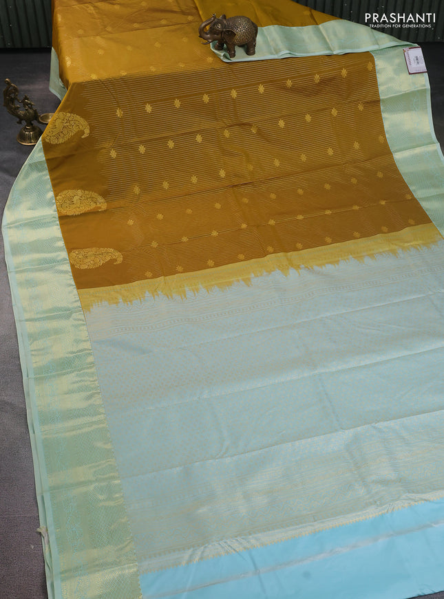 Bangalori silk saree dark mustard and pastel green with allover zari stripe pattern and zari woven border