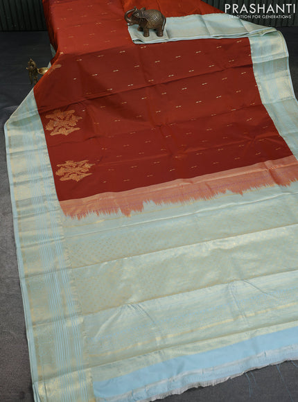 Bangalori silk saree rustic orange and teal shade with zari woven buttas and zari woven border