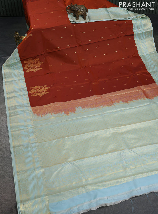 Bangalori silk saree rustic orange and teal shade with zari woven buttas and zari woven border