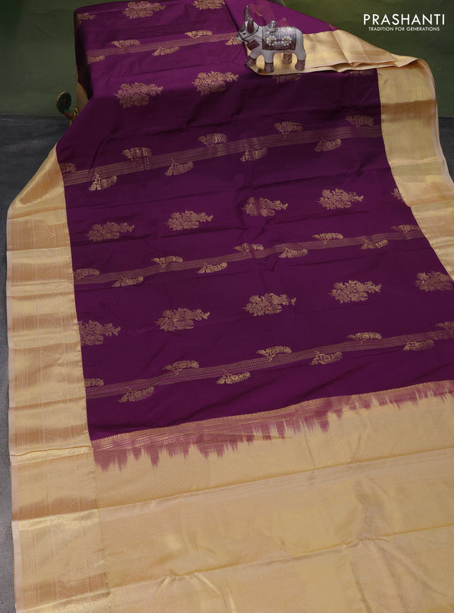 Bangalori silk saree purple and sandal with zari woven buttas and zari woven border