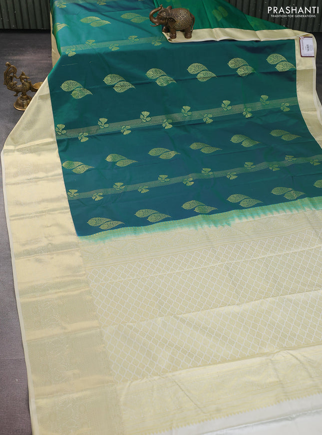 Bangalori silk saree teal green and cream with zari woven buttas and zari woven border