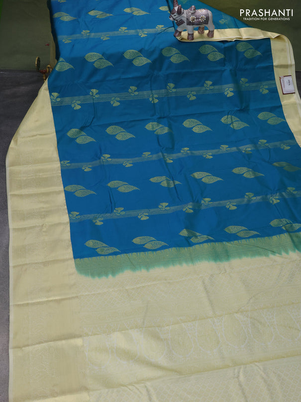 Bangalori silk saree cs blue and cream with zari woven buttas and zari woven border
