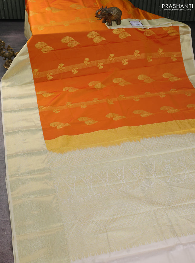 Bangalori silk saree mango yellow and cream with zari woven buttas and zari woven border