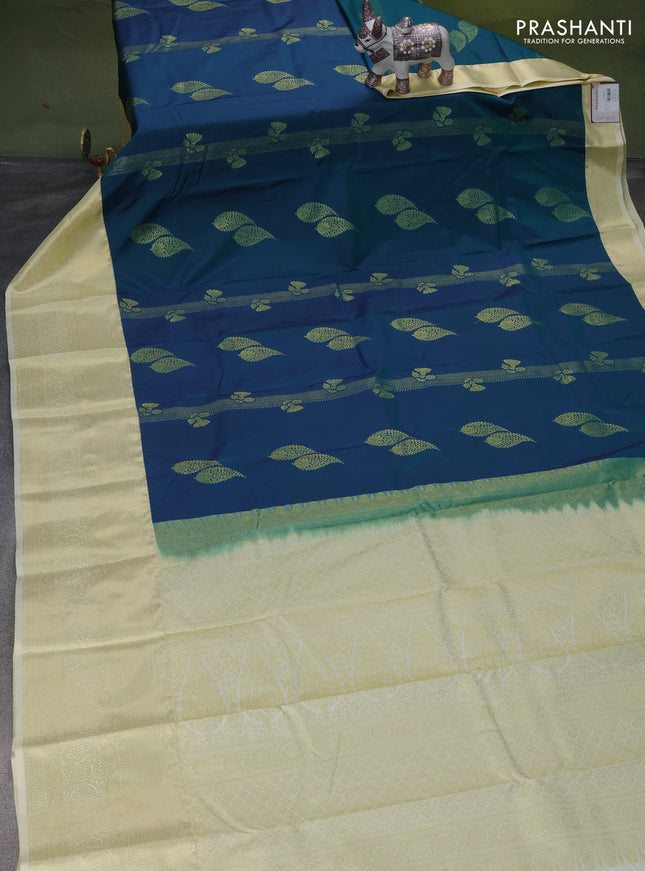Bangalori silk saree teal blue and cream with zari woven buttas and zari woven border