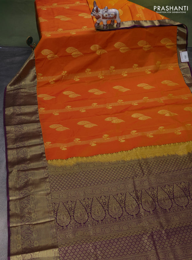 Bangalori silk saree sunset orange and deep purple with zari woven buttas and zari woven border