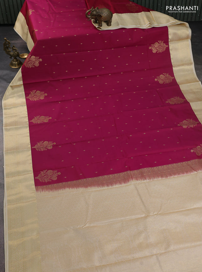 Bangalori silk saree dark magenta pink and cream with zari woven buttas and zari woven border
