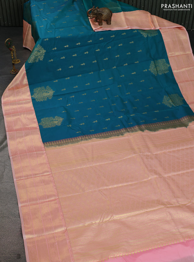 Bangalori silk saree teal green and pastel peach with zari woven buttas and long zari woven border