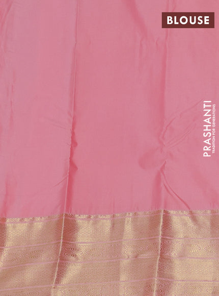 Bangalori silk saree teal green and pastel peach with zari woven buttas and long zari woven border