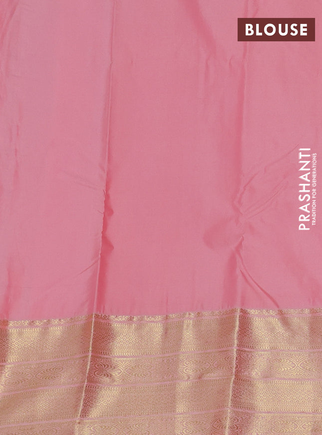 Bangalori silk saree teal green and pastel peach with zari woven buttas and long zari woven border