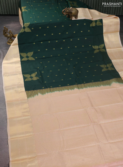 Bangalori silk saree green and cream with zari woven buttas and zari woven border