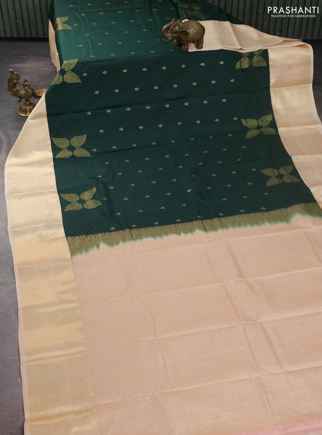 Bangalori silk saree green and cream with zari woven buttas and zari woven border