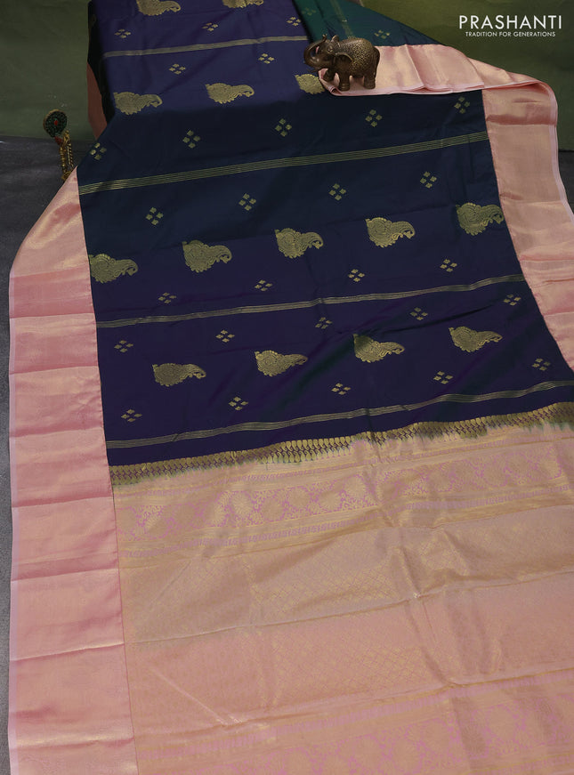 Bangalori silk saree dual shade of peacock green and pastel peach with zari woven buttas and zari woven border