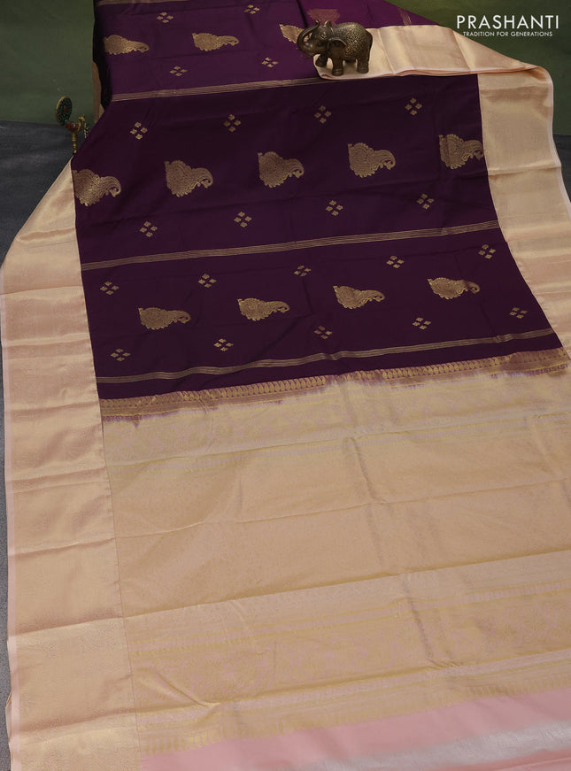 Bangalori silk saree purple and sandal with zari woven buttas and zari woven border