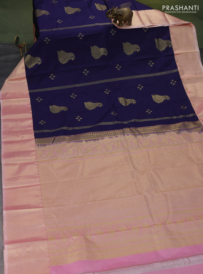 Bangalori silk saree navy blue and pastel peach with zari woven buttas and zari woven border