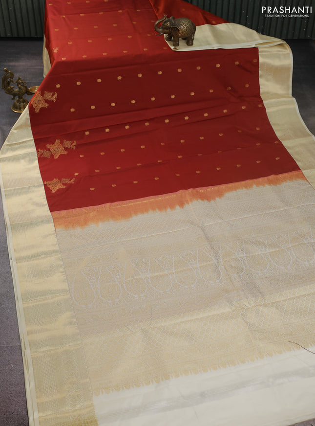 Bangalori silk saree rustic orange and cream with zari woven buttas and zari woven border
