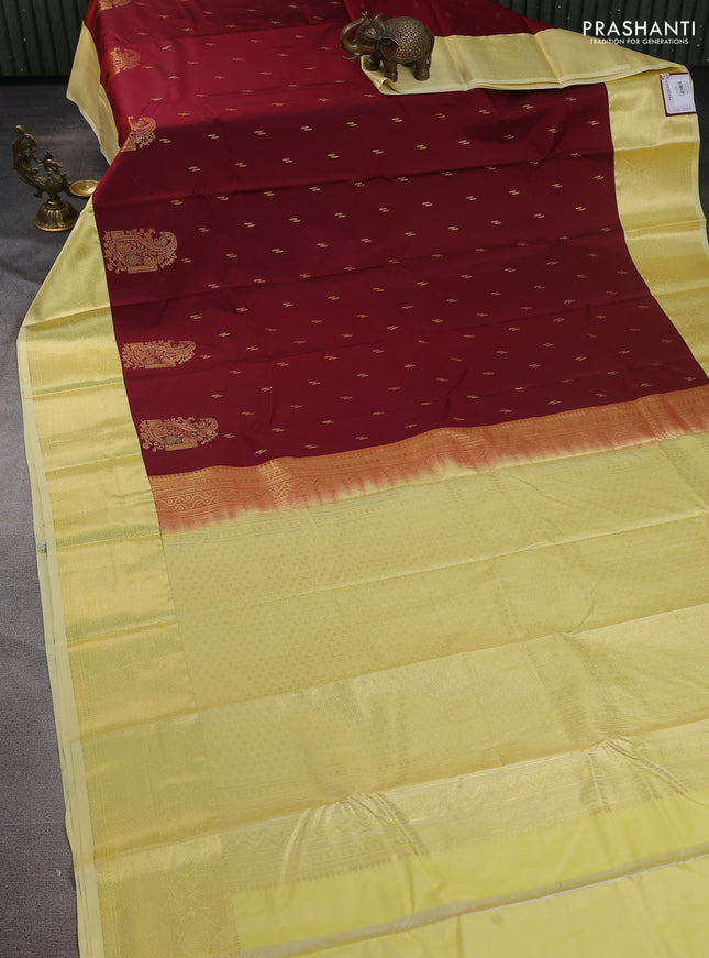 Bangalori silk saree maroon and lime yellow with zari woven buttas and zari woven border
