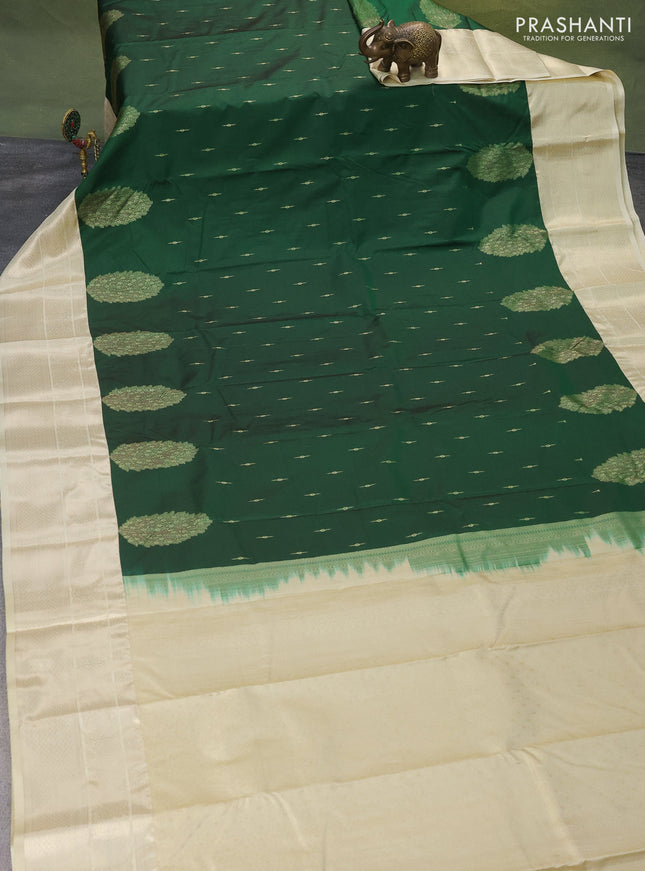 Bangalori silk saree green and cream with zari woven buttas and zari woven border