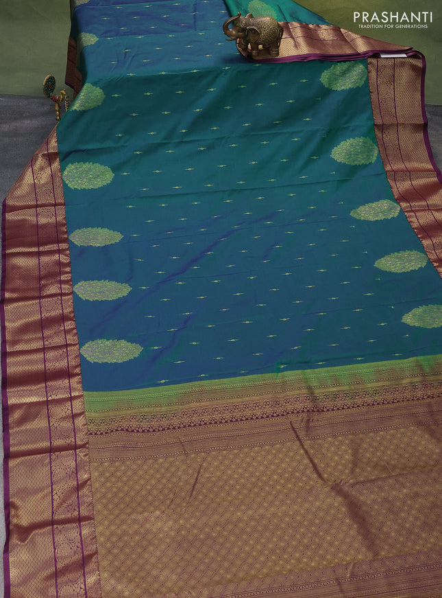 Bangalori silk saree teal green and deep purple with zari woven buttas and zari woven border