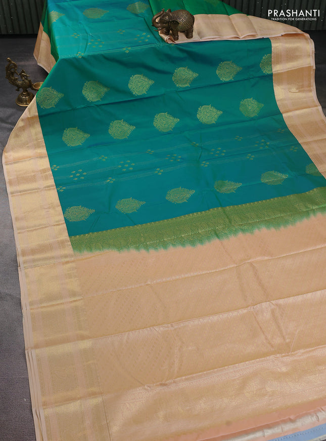 Bangalori silk saree dual shade of green and sandal with zari woven buttas and zari woven border