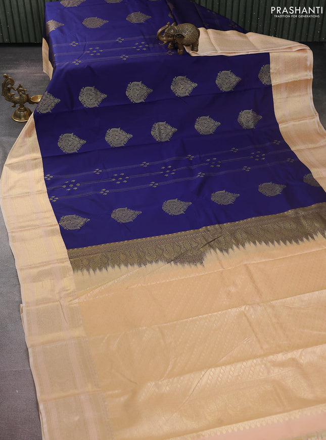 Bangalori silk saree navy blue and sandal with zari woven buttas and zari woven border