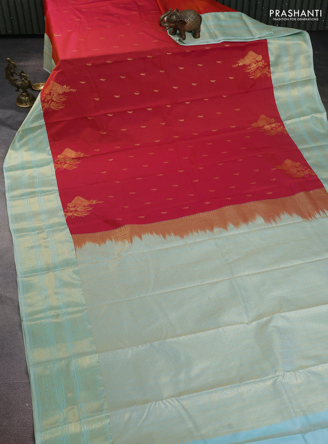 Bangalori silk saree dual shade of pinkish orange and teal shade with zari woven buttas and zari woven border