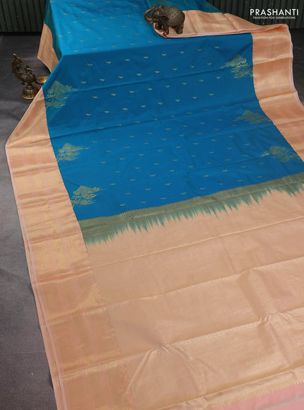 Bangalori silk saree cs blue and sandal with zari woven buttas and zari woven border