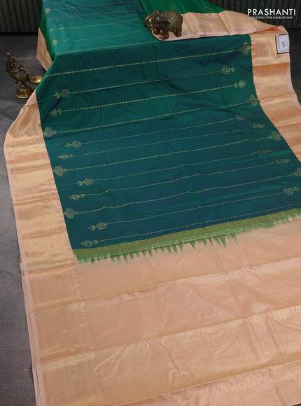 Bangalori silk saree green and pale orange with allover zari weaves and zari woven border