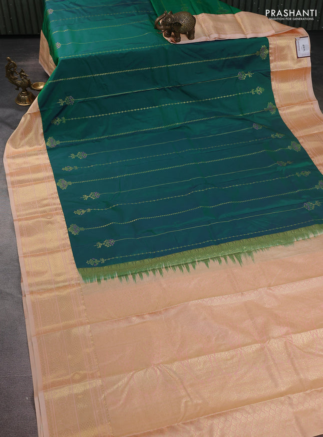 Bangalori silk saree green and pale orange with allover zari weaves and zari woven border