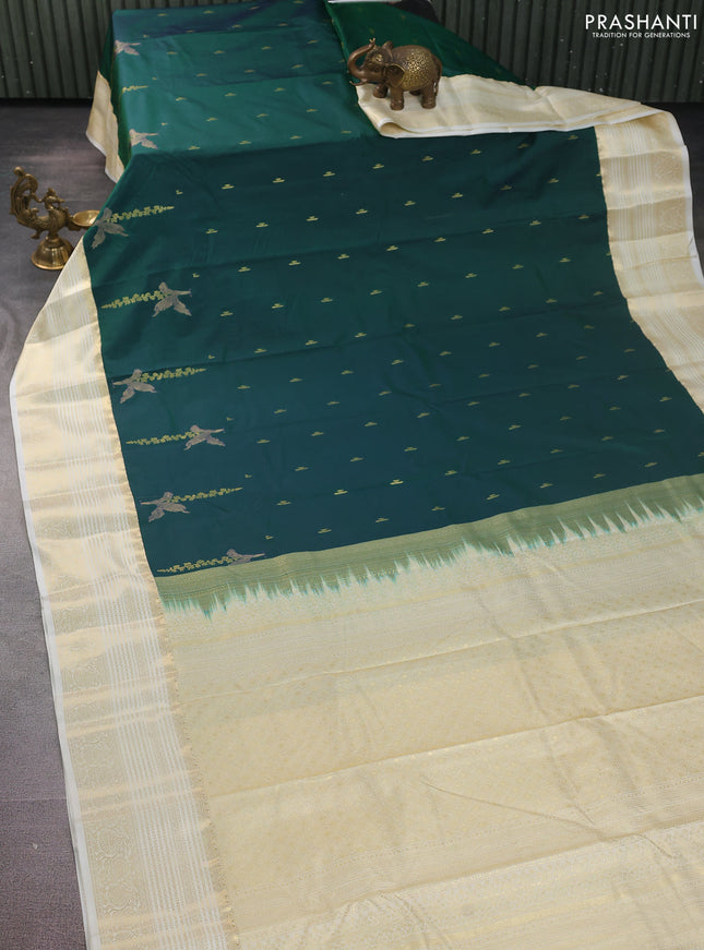 Bangalori silk saree green and off white with zari woven buttas and zari woven border
