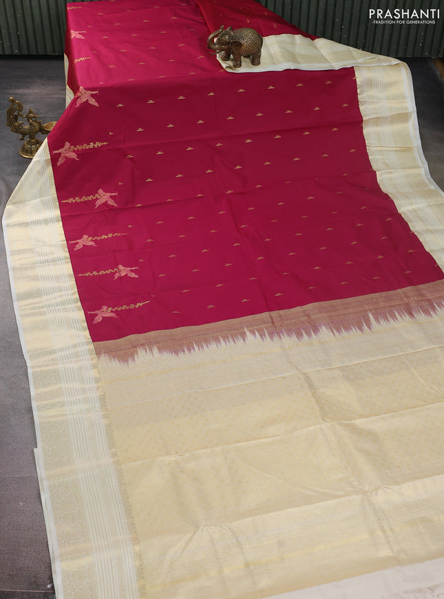 Bangalori silk saree dark pink and off white with zari woven buttas and zari woven border