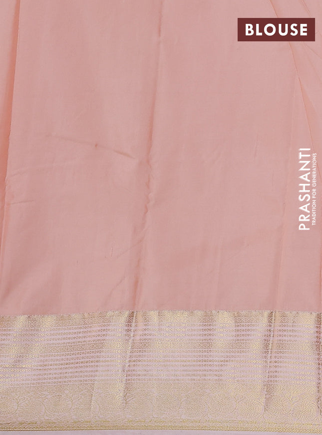 Bangalori silk saree teal green and pastel peach with zari woven buttas and zari woven border