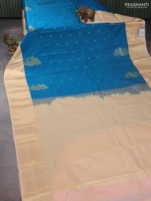 Bangalori silk saree cs blue and sandal with zari woven buttas and zari woven border